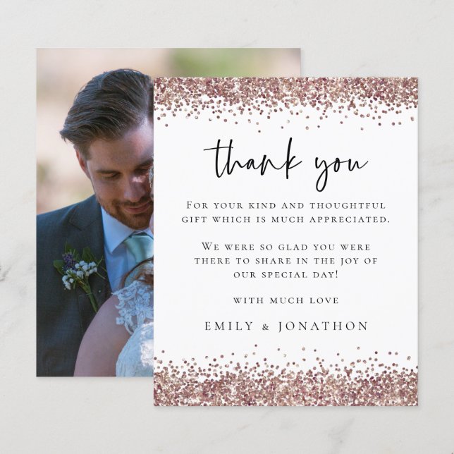 Budget Rose Glitter Photo Wedding White Thanks (Front/Back)