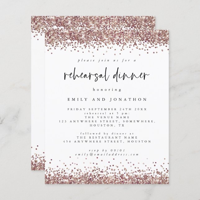 Budget Rose Glitter White Rehearsal Dinner Invite (Front/Back)