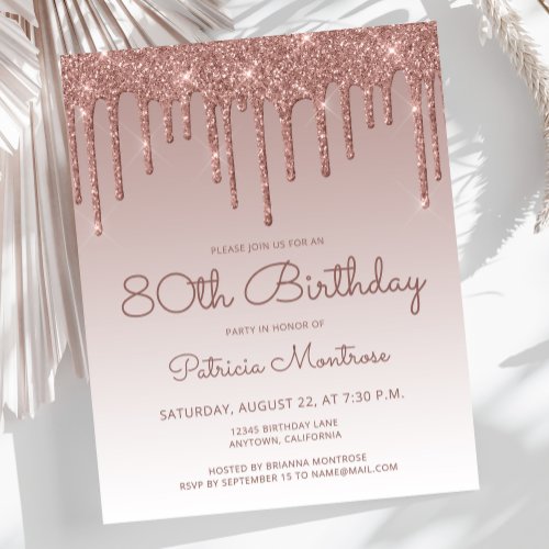 Budget Rose Gold 80th Birthday Party Invitation