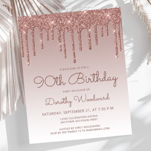 Budget Rose Gold 90th Birthday Party Invitation