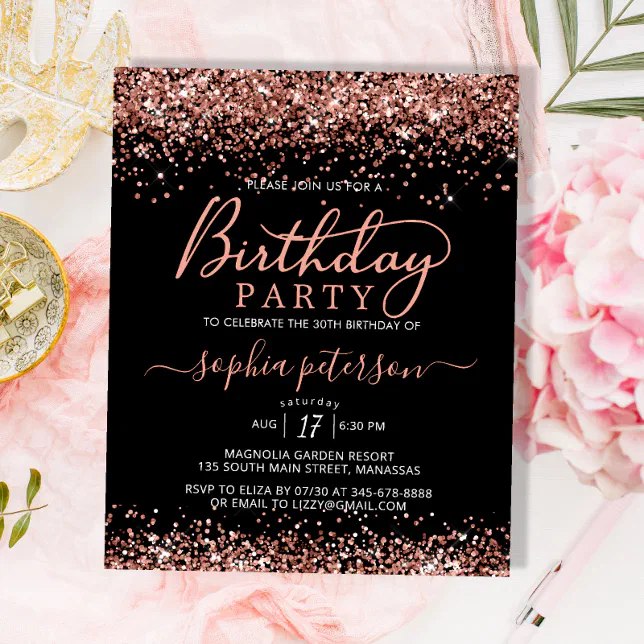 Budget Rose Gold Any Age Black Birthday Invitation | Zazzle