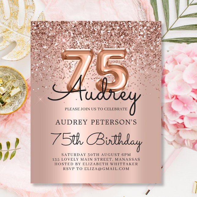 Budget Rose Gold Balloon 75th Birthday Invitation (Creator Uploaded)