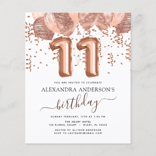 Budget Rose Gold Balloons 11th Birthday Invitation Flyer