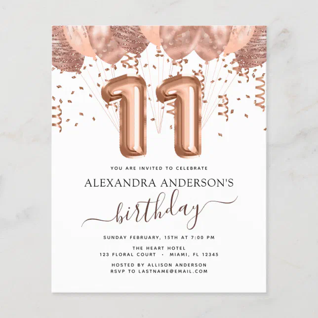 Budget Rose Gold Balloons 11th Birthday Party | Zazzle