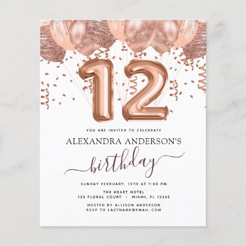 Budget Rose Gold Balloons 12th Birthday Party Flyer