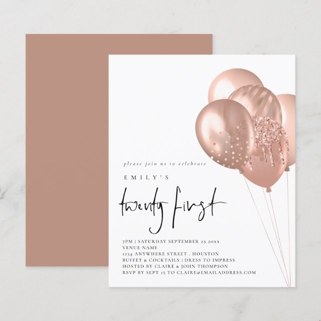 Budget Rose Gold Balloons 21st Party Invite (Front/Back)