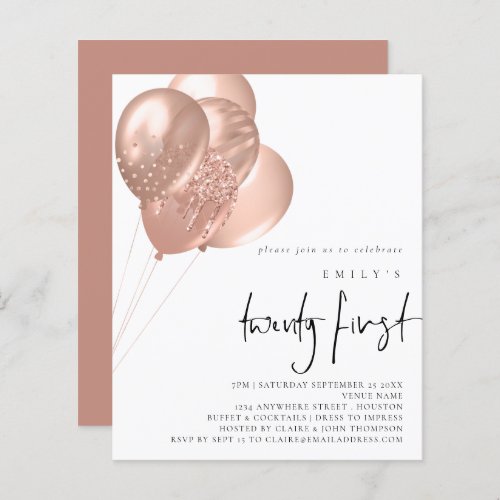 Budget Rose Gold Balloons Script 21st Party Invite