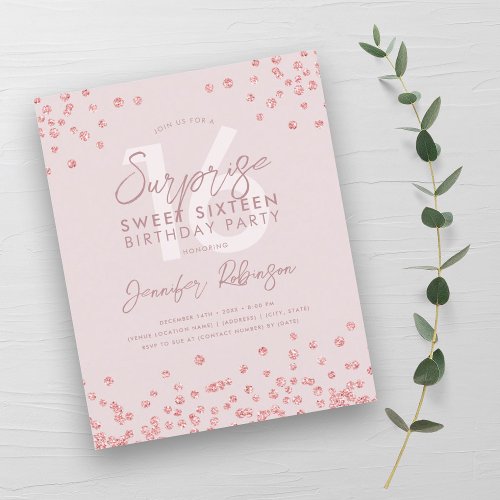 Budget Rose Gold Blush Confetti Surprise Sweet 16 