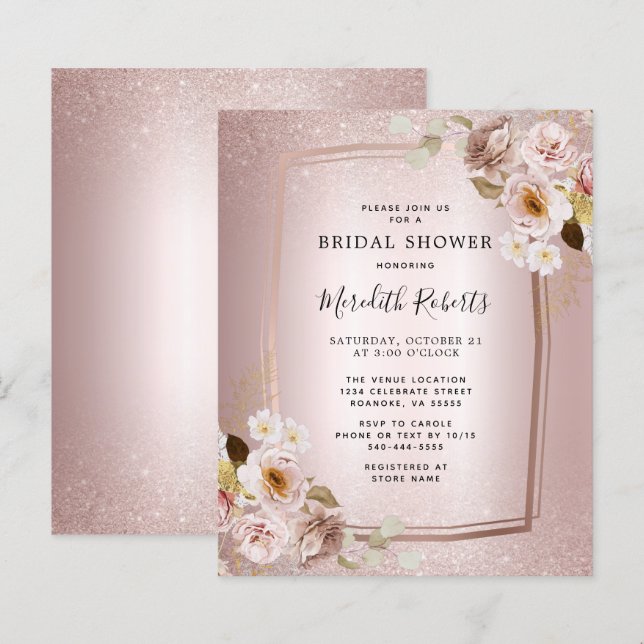 Budget Rose Gold Blush Floral Bridal Shower Invite (Front/Back)