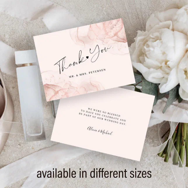 Budget rose gold blush modern wedding thank you note card | Zazzle