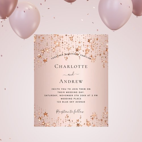 Budget rose gold blush stars wedding invitation