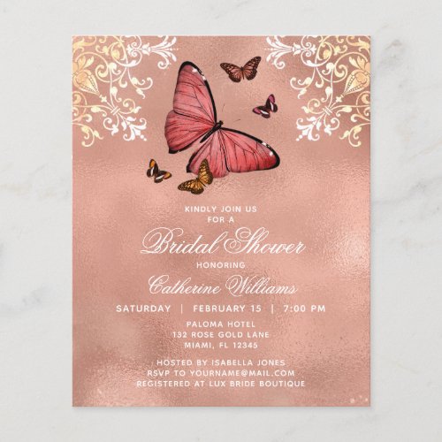 Budget Rose Gold Butterfly Floral Bridal Shower Flyer