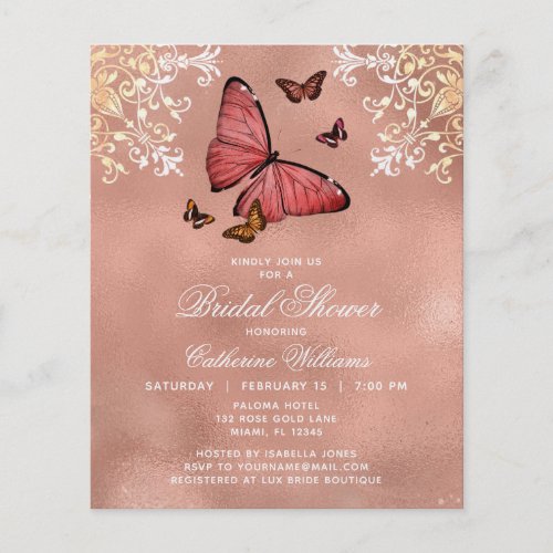 Budget Rose Gold Butterfly Floral Bridal Shower Flyer