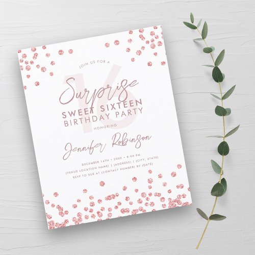 Budget Rose Gold Confetti Surprise Sweet 16 