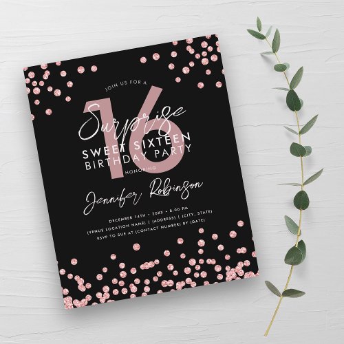 Budget Rose Gold Confetti Surprise Sweet 16 Invite