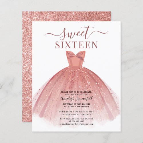 Budget Rose Gold Dress Glitter Sweet 16 Invitation