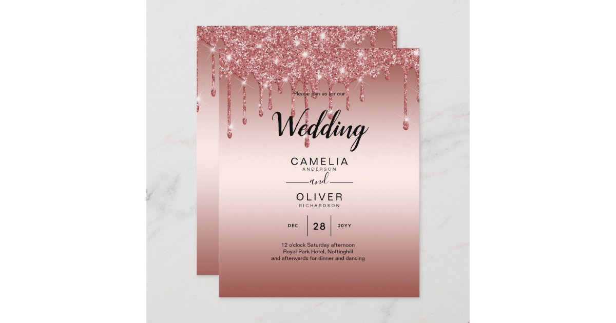 Budget Rose Gold Dripping Glitter Wedding Invite Zazzle