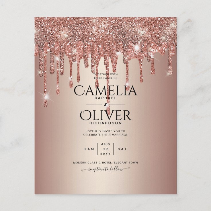 Budget Rose Gold Dripping Glitter Wedding Invite Flyer Zazzle