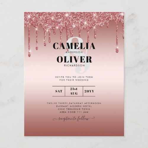 Budget Rose Gold Dripping Glitter WEDDING Invite Flyer