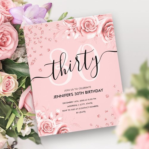 Budget Rose Gold Floral Glitter 30th Birthday  Flyer