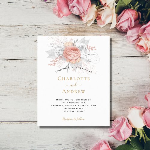 Budget rose gold floral silver wedding invitation