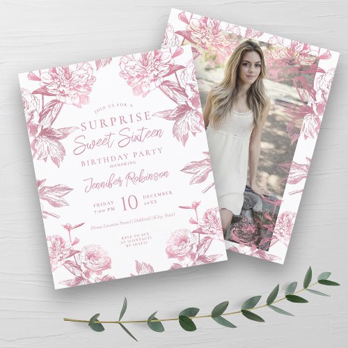 Budget Rose Gold Floral SURPRISE Sweet 16 Invite