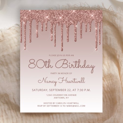 Budget Rose Gold Glam 80th Birthday Party Invite