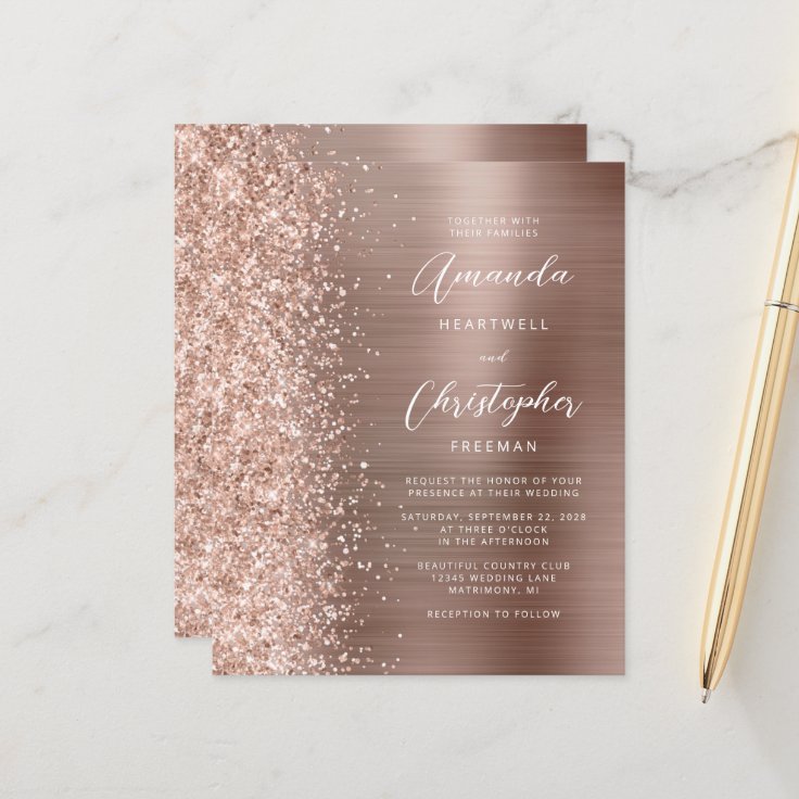 Budget Rose Gold Glam Glitter Wedding Invitation | Zazzle