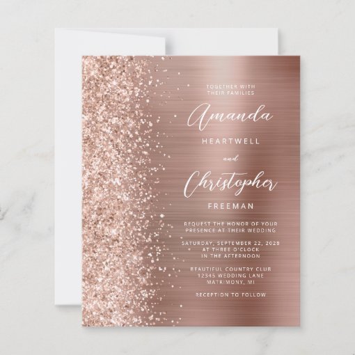 Budget Rose Gold Glam Glitter Wedding Invitation | Zazzle