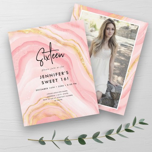 Budget Rose Gold Glam Marble Photo Sweet 16 Invite