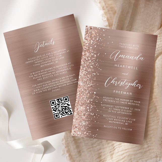 Budget Rose Gold Glam QR Code Wedding Invitation (Creator Uploaded)