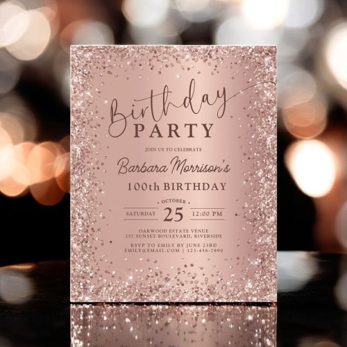 Budget Rose Gold Glitter 100th Birthday Invitation