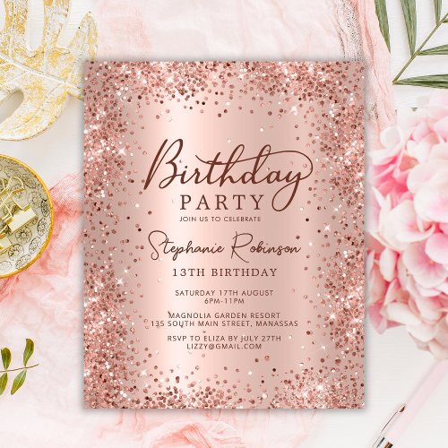 Budget Rose Gold Glitter 13th Birthday Invitation