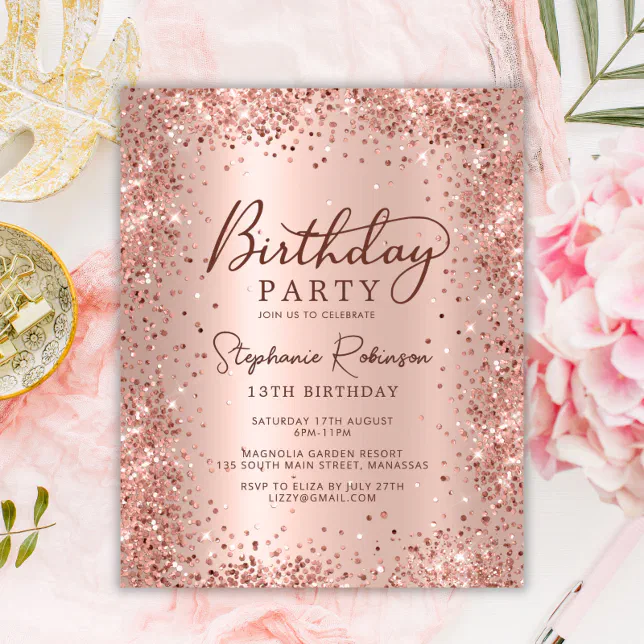 Budget Rose Gold Glitter 13th Birthday Invitation | Zazzle