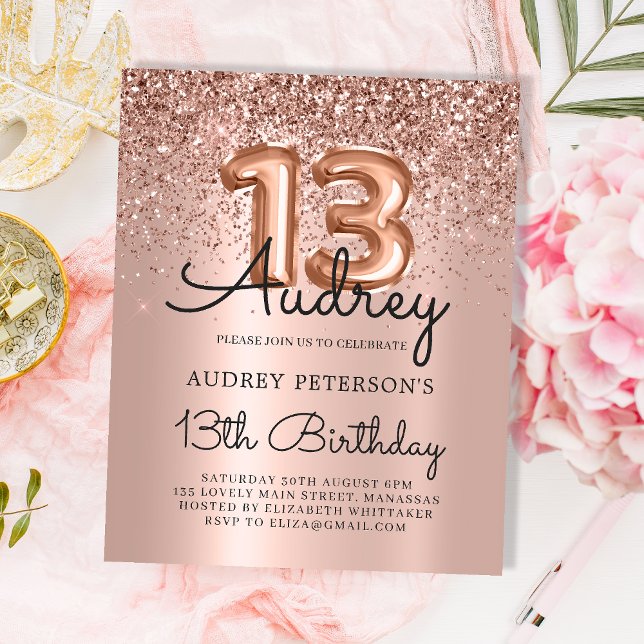 Budget Rose Gold Glitter 13th Birthday Invitation (Creator Uploaded)
