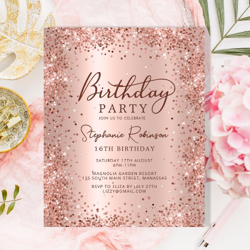 Budget Rose Gold Glitter 16th Birthday Invitation