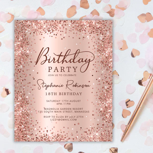 Budget Rose Gold Glitter 18th Birthday Invitation | Zazzle