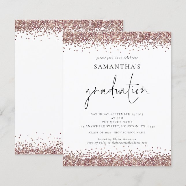 Budget Rose Gold Glitter 2024 Graduation Invite (Front/Back)