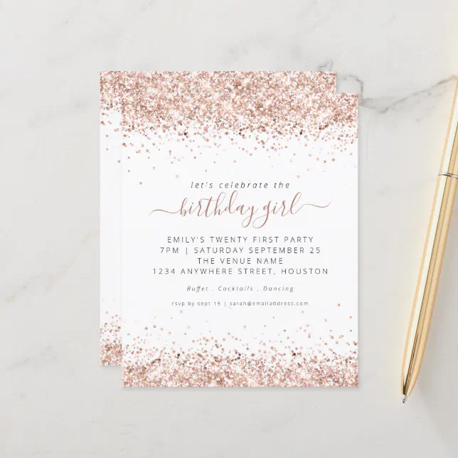 Budget Rose Gold Glitter 21st Birthday Invitation 