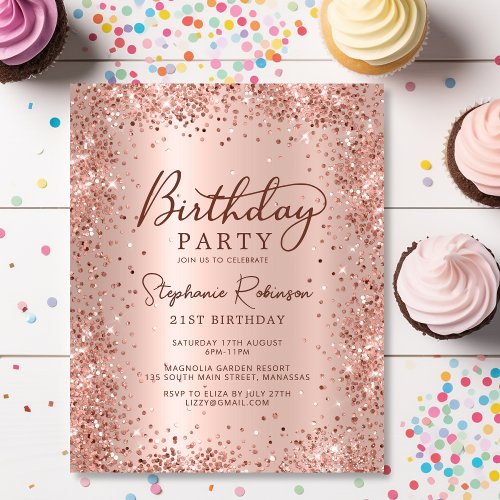 Budget Rose Gold Glitter 21st Birthday Invitation