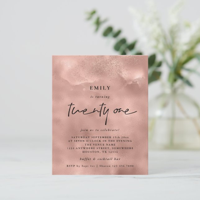 Budget Rose Gold Glitter 21st Party Invitation (Standing Front)