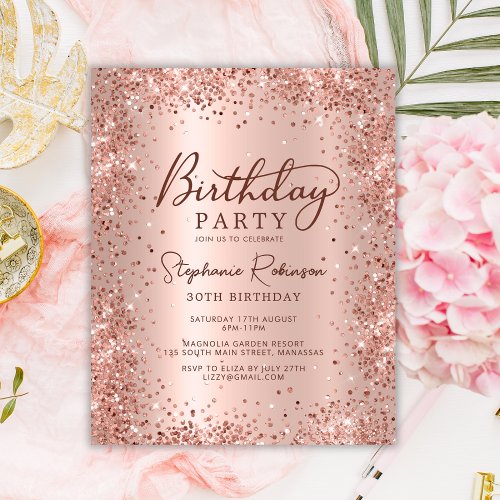 Budget Rose Gold Glitter 30th Birthday Invitation