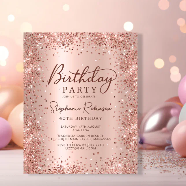 Budget Rose Gold Glitter 40th Birthday Invitation | Zazzle