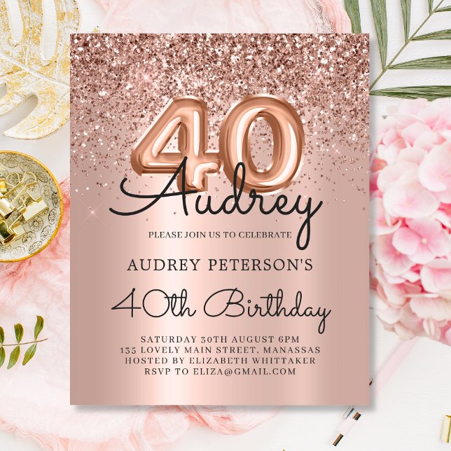 Budget Rose Gold Glitter 40th Birthday Invitation (Creator Uploaded)