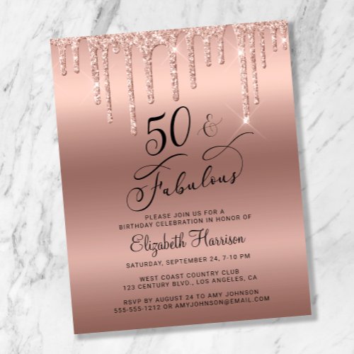 Budget Rose Gold Glitter 50th Birthday Invitation