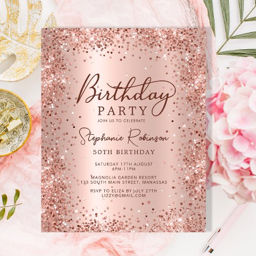 Budget Rose Gold Glitter 50th Birthday Invitation