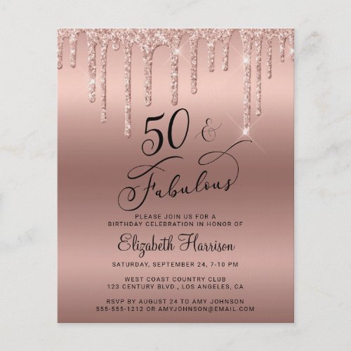 Budget Rose Gold Glitter 50th Birthday Invitation Flyer