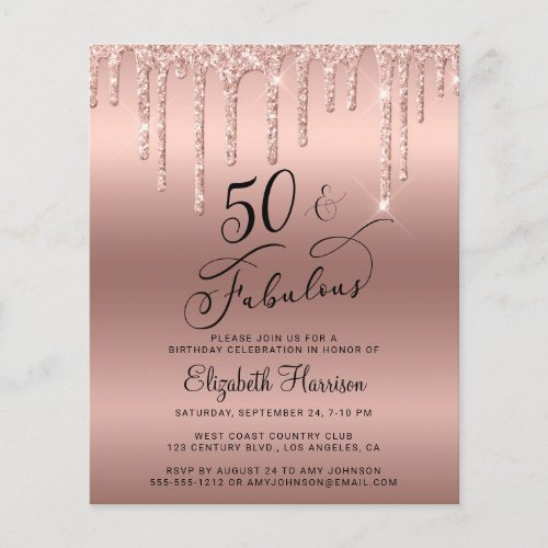 Budget Rose Gold Glitter 50th Birthday Invitation Flyer