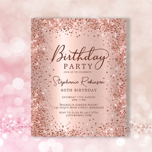 Budget Rose Gold Glitter 60th Birthday Invitation