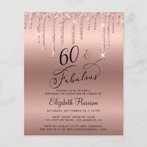 Budget Rose Gold Glitter 60th Birthday Invitation Flyer